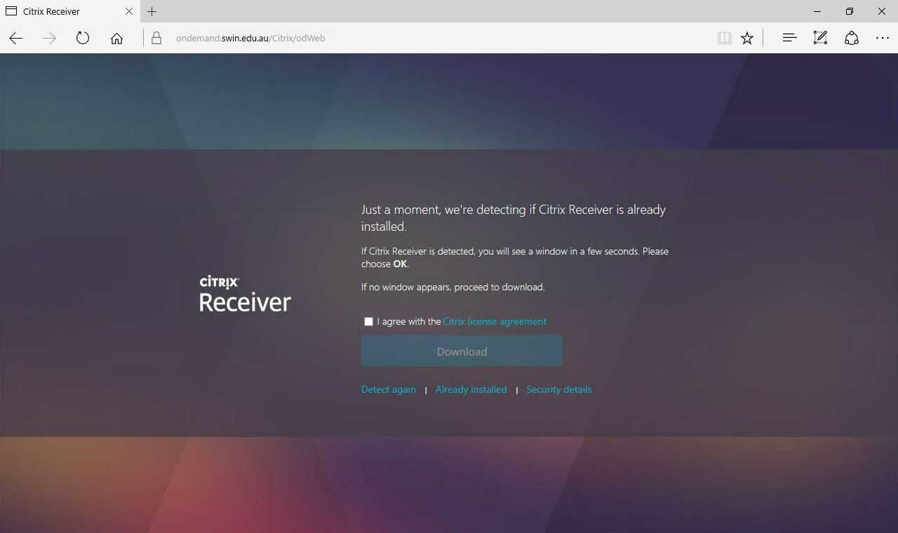 Screenshot of a web browser open to CITRIX Receiver terms and conditions 