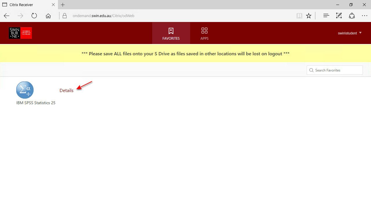 Screenshot of a web browser open to Swinburne's Apps on Demand with red arrow pointing at Details link