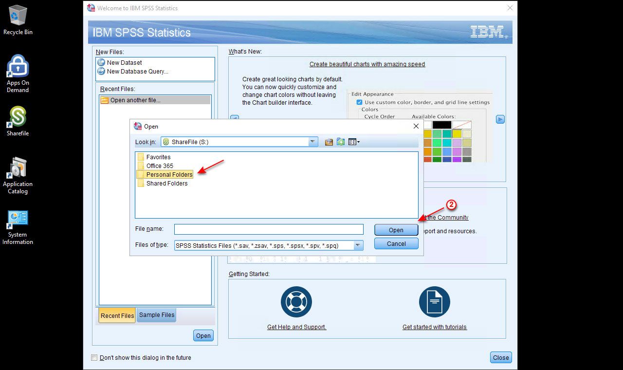 Screenshot of IBM program with a red arrow pointing to personal folders and an arrow labelled 2 is pointing at the open button