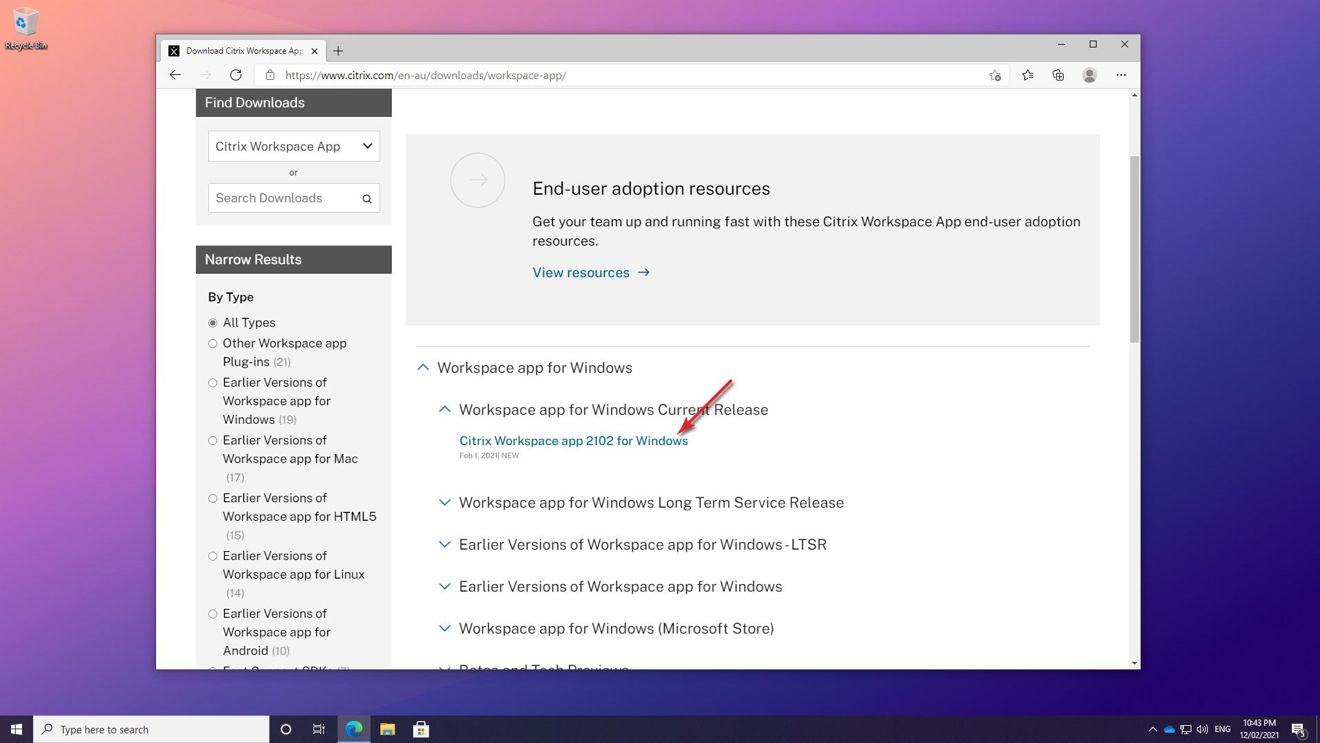 A screengrab of Citrix installation on Windows 10 highlighting step 3 in the process