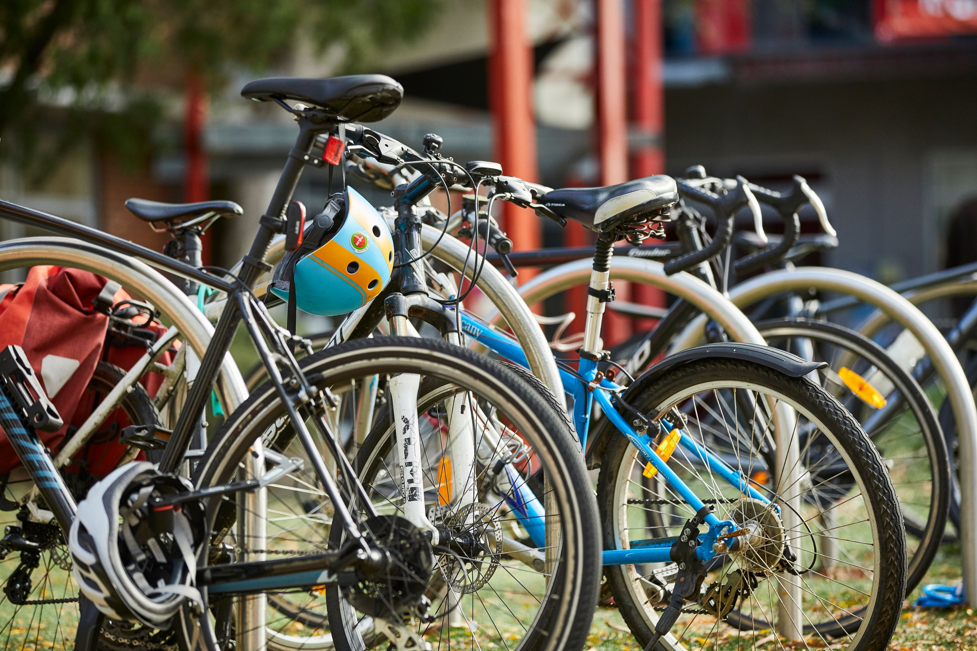 Bikes securely locked at Hawthorn campus bicycle parking area