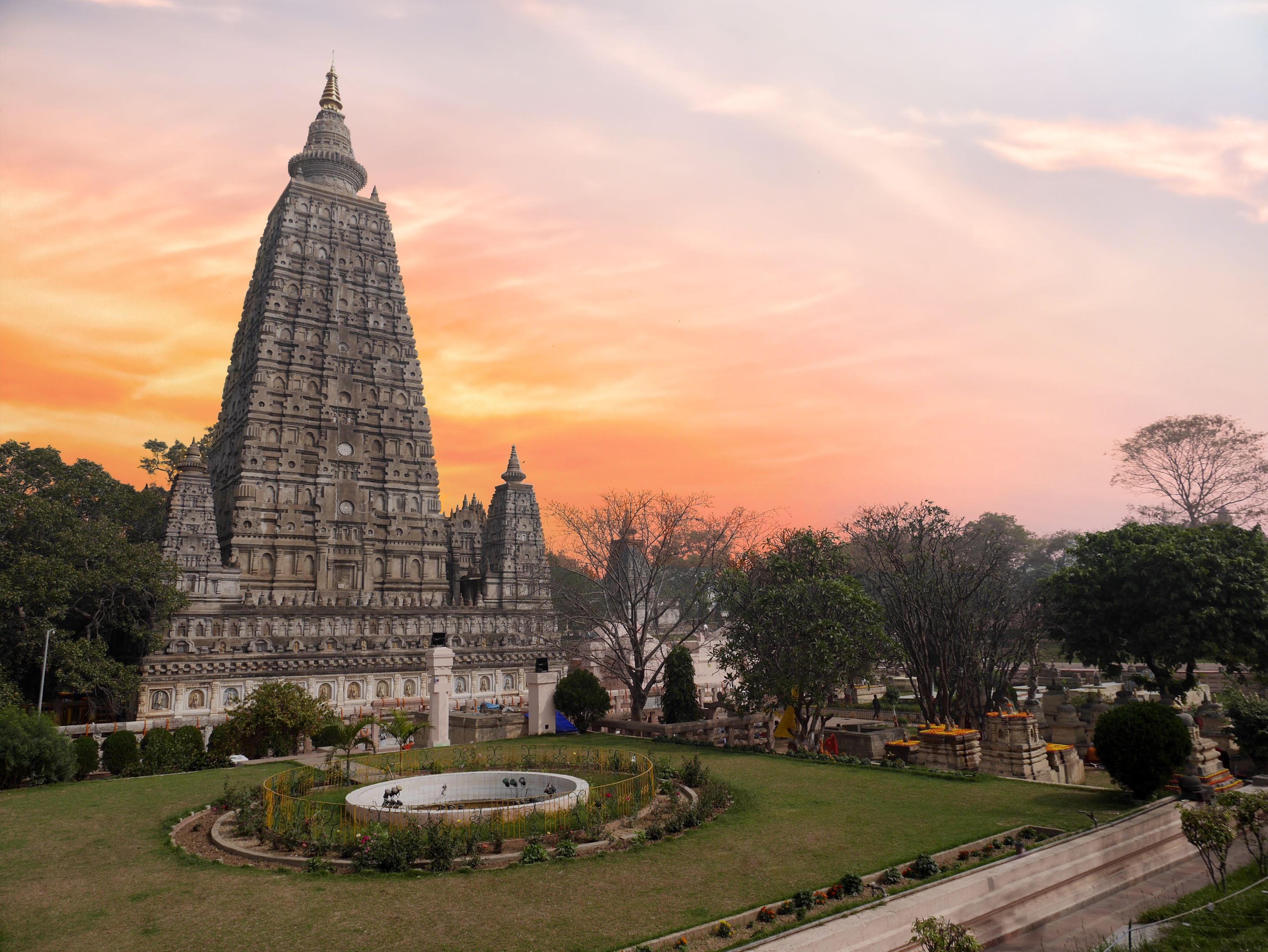 The side view of the stupa at Mahabodhi Temple Complex in Bodh Gaya, India. The Mahabodhi Vihar is a UNESCO World Heritage Site.
