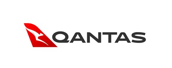 White and red silhouette of a kangaroo followed by text that reads QANTAS in plain black on the right