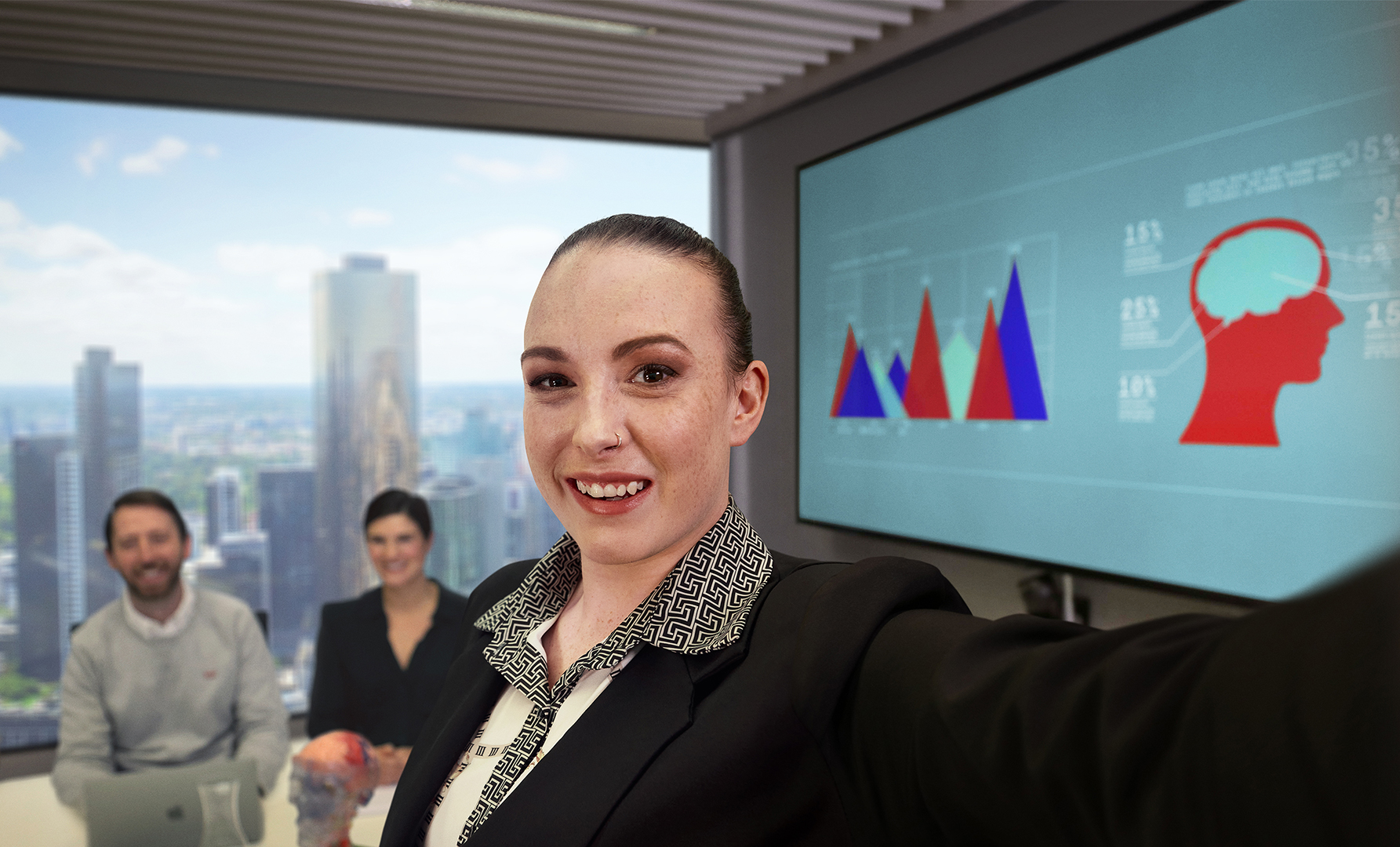Young female in a boardroom presenting to a group of people, presentation is on the screen and the city skyline in the background.