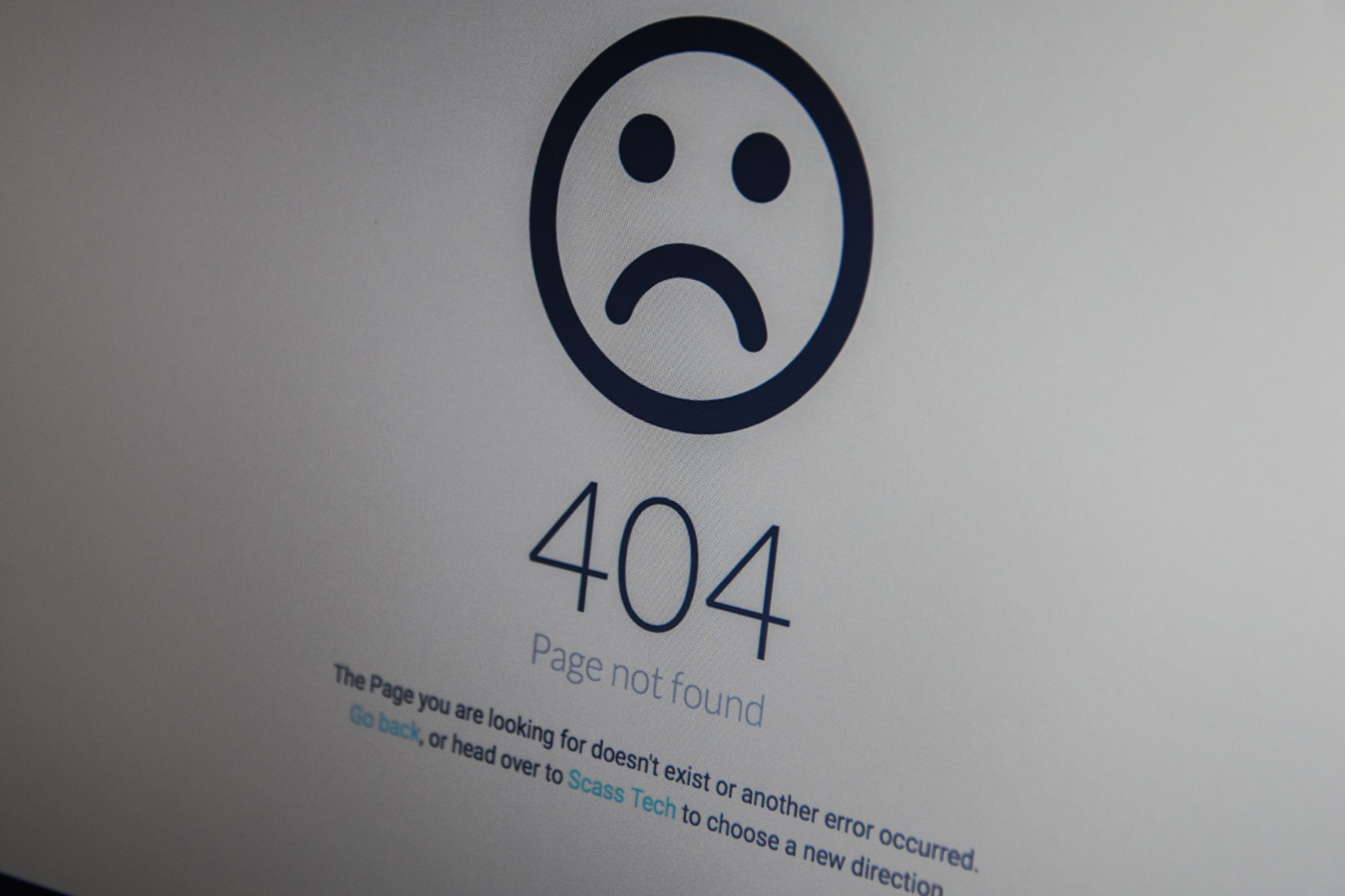  404 error message page on a laptop screen. 