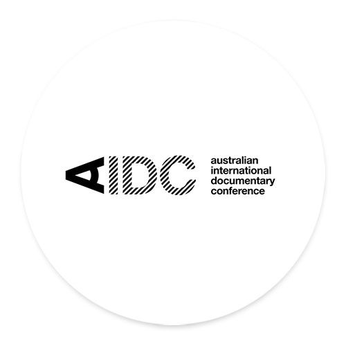 AIDC spelt out in large black and white decorative font to the left followed by australian international documentary conference in plain black text to the right