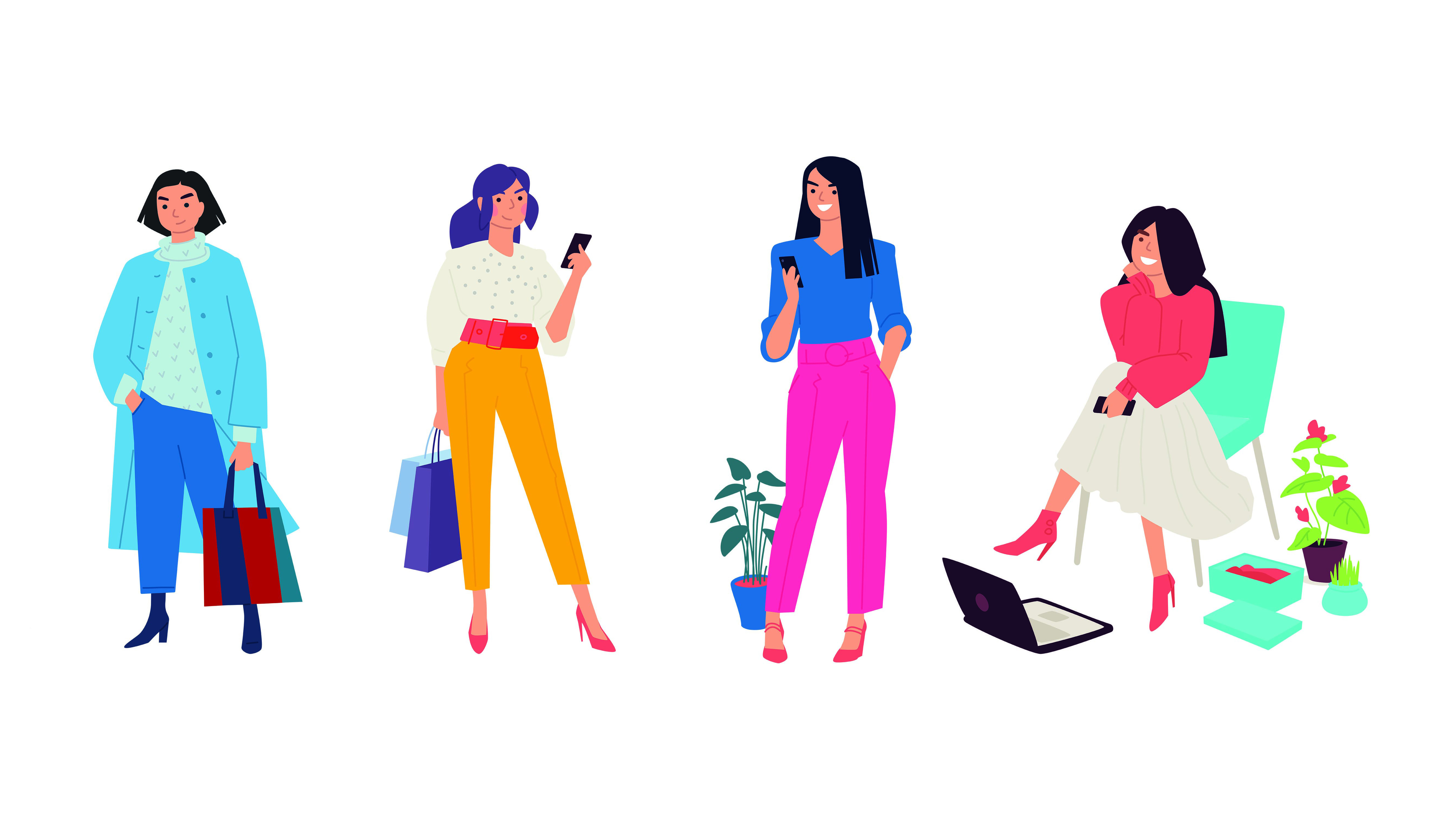Illustration of fashionable girls in bright clothes. Vector. Women go about their business. Casual style of dress. Flat style. Image is isolated on a white background.