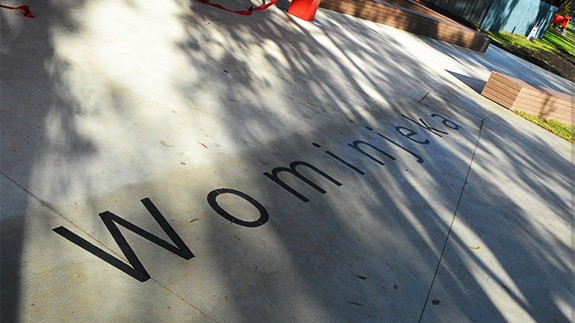 The Wominjeka signage on the ground at Swinburne's Croydon campus entrance.