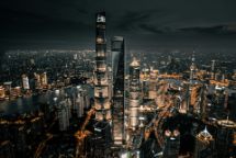 Image of Shanghai city skyline at night in China.