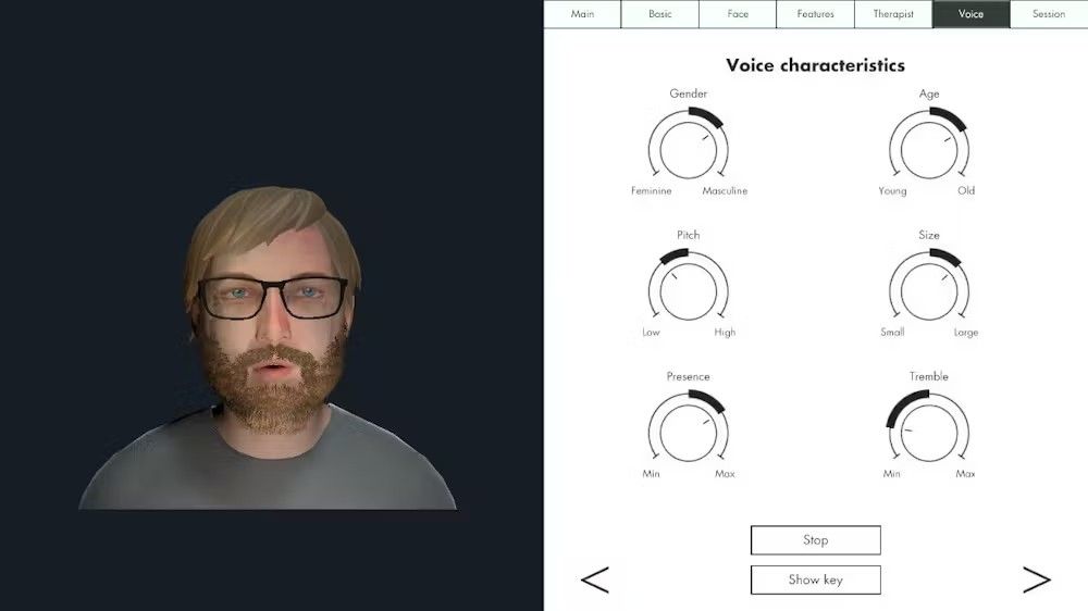 screenshot of a man in glasses on the left side and a graphic of voice characteristics on the right