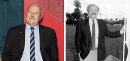 Two photos of Bruce McDonald sidebyside. on the right is a more recent colour photo, on the left is a black and white image from his Earlier days at Swinburne. He wears a suit in both images