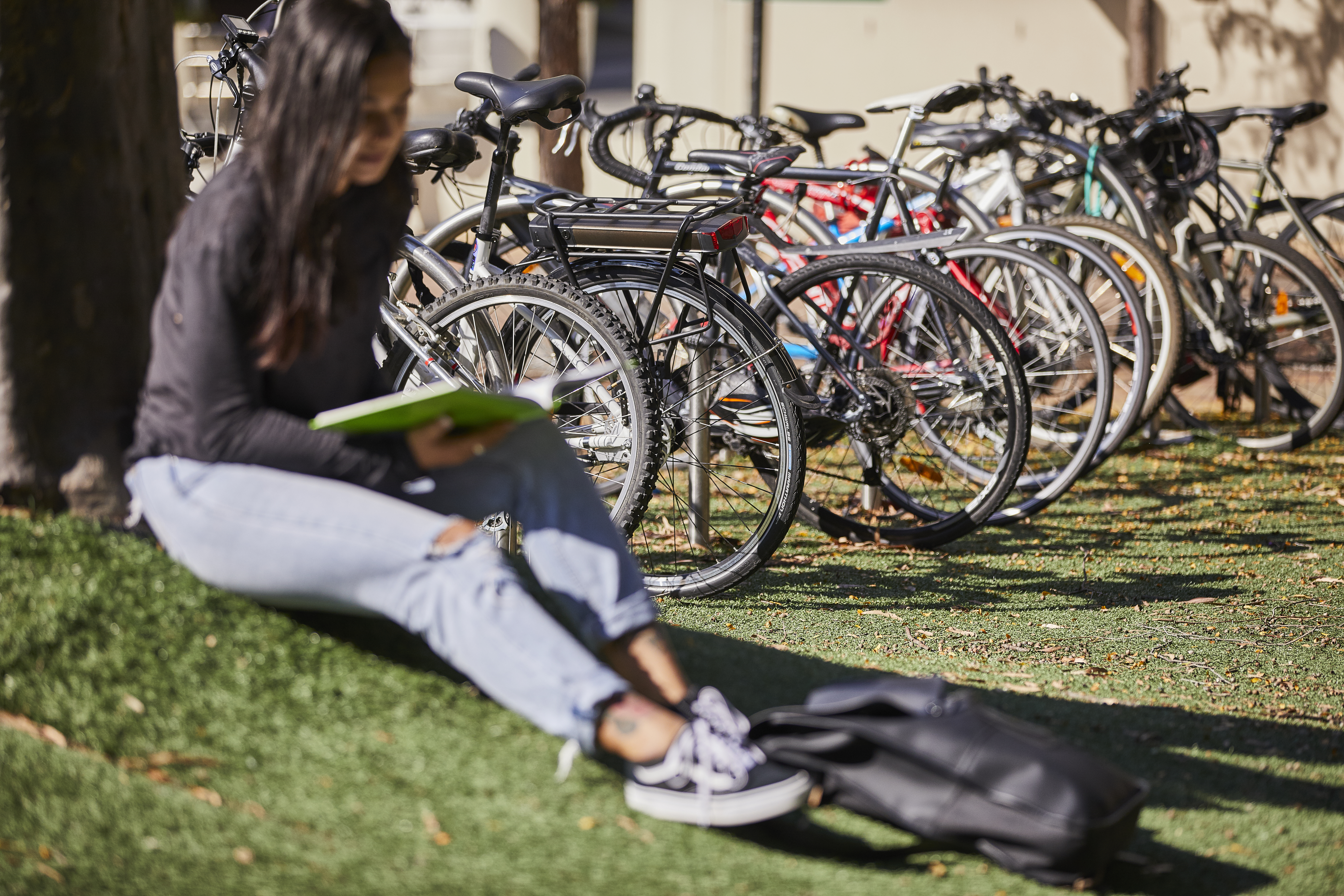 Young woman sits by a tree reading in front of a row of bikes