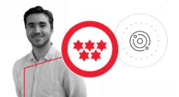 5 red stars on white background with a guy wearing a shirt and circles