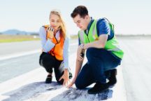 Two aviation management students inspect a runway for cracks wearing high vis jackets talking into a radio